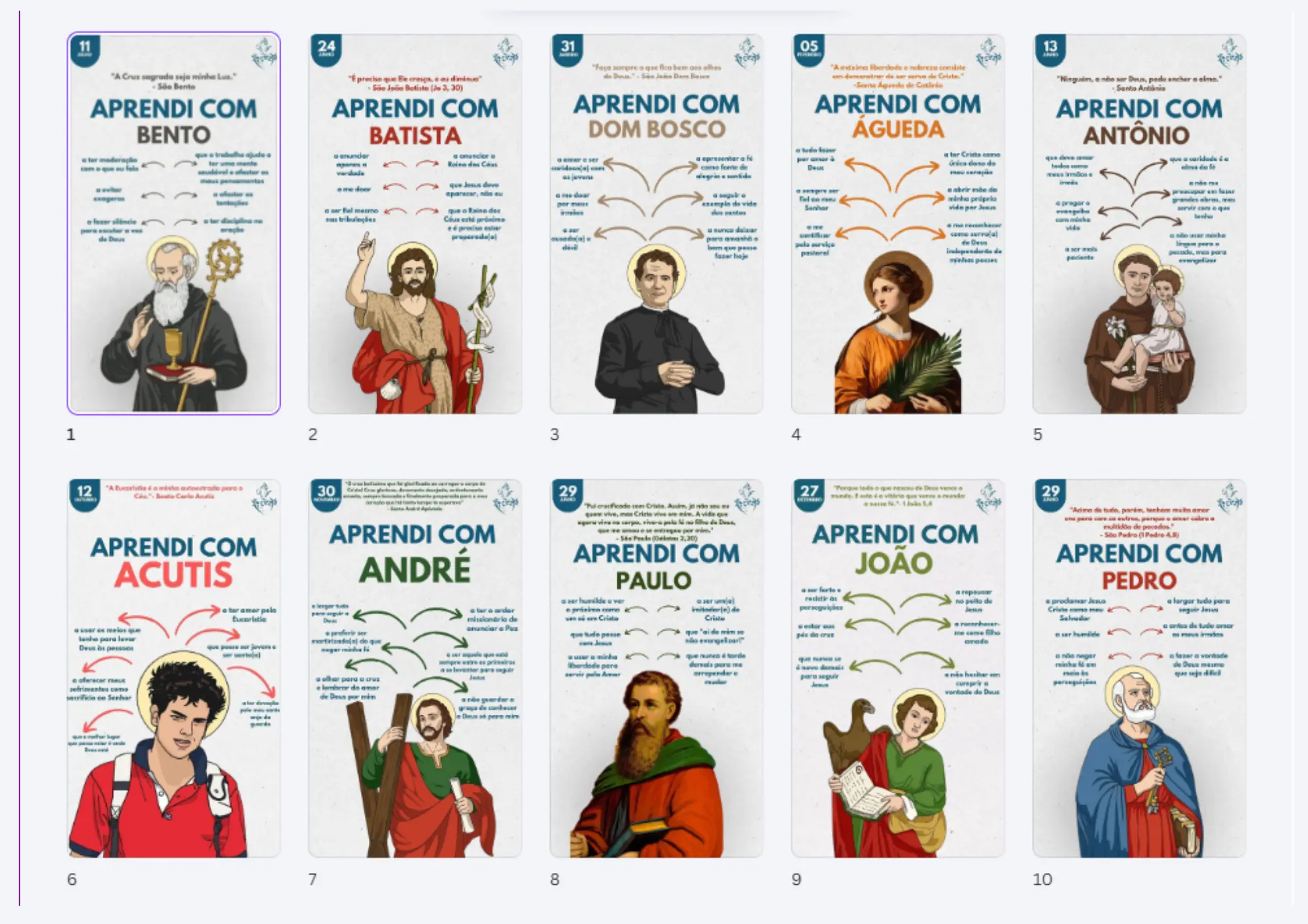 Cards Devocionais Aprendi com os Santos